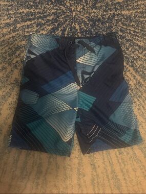 Kanu Surf Teal and Navy Geometric Kids Swim Trunks